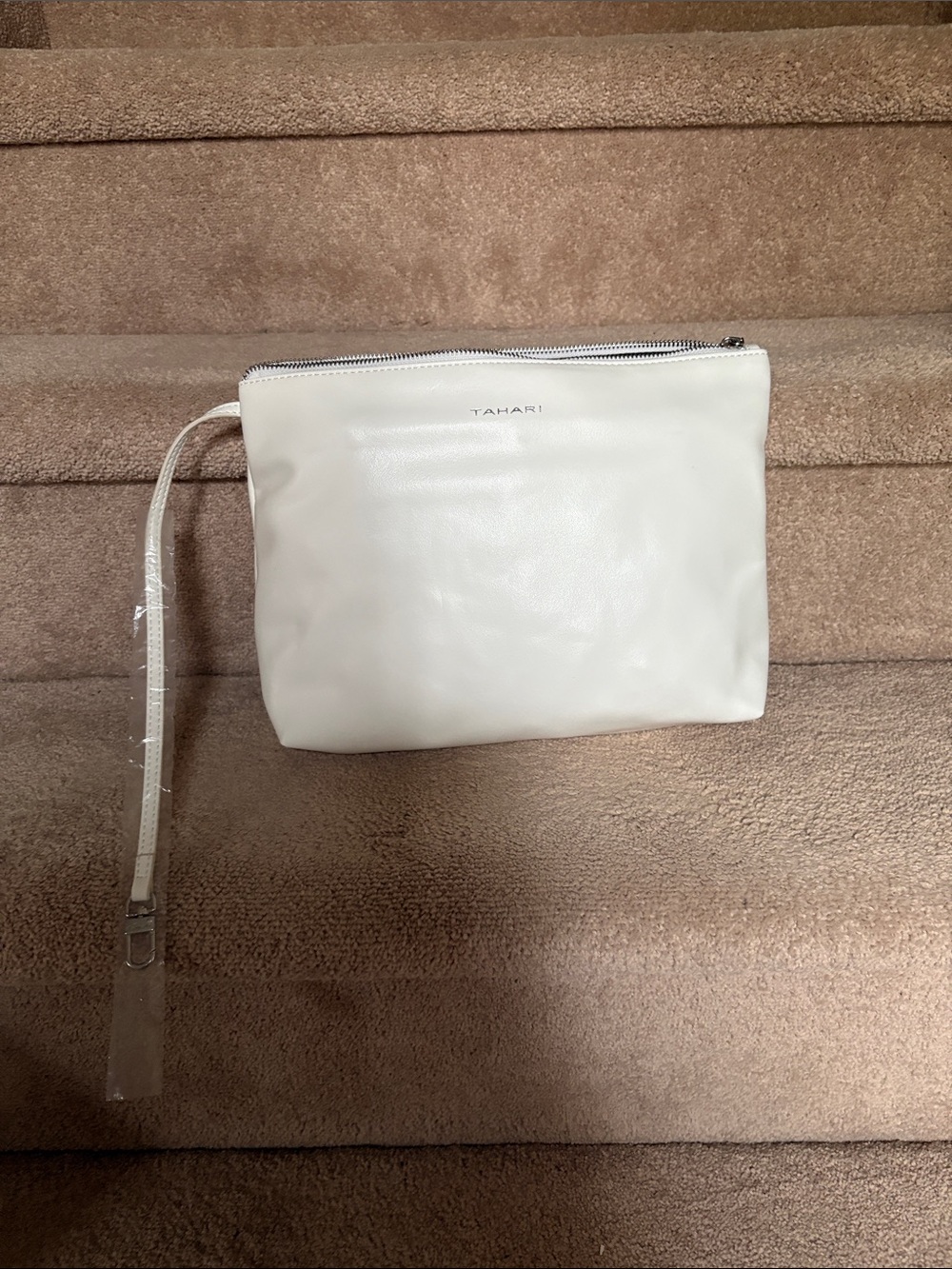 New! Tahari White Pleather Zip Wristlet Pouch / Cosmetic Bag
